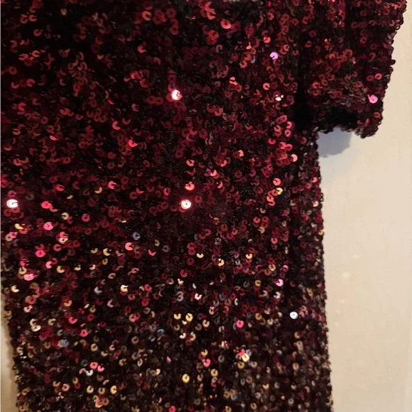 B. Smart Off Shoulder Burgundy and Gold Ombré Sequin Dress - Picture 7 of 8